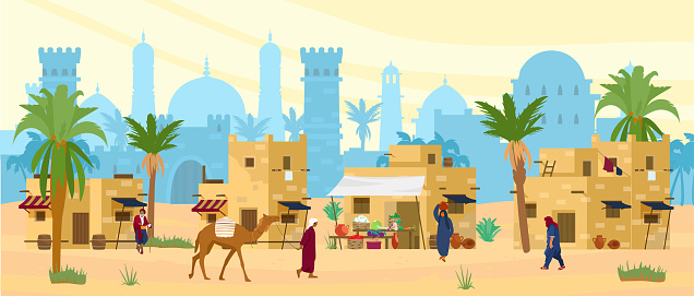 Arabic desert landscape with traditional mud brick houses and people. Ancient temple at the background. Bedouin with camel, woman with jug on head. Flat vector illustration.