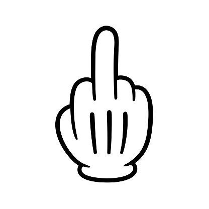 Middle finger, obscene hand gesture. Cartoon glove, hand drawn comic style. Isolated vector illustration.
