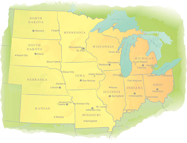 Midwestern USA State Map - Watercolor Style Watercolor-style rendering of Midwestern USA states map. File is layered with highlighted states, outlines, cities/text and background on four separate layers to easily hide or remove elements. Outlines can be removed for plain watercolor rendering. Each state is grouped individually on the color layer. File contains flat color and simple gradient blends. michigan iowa stock illustrations