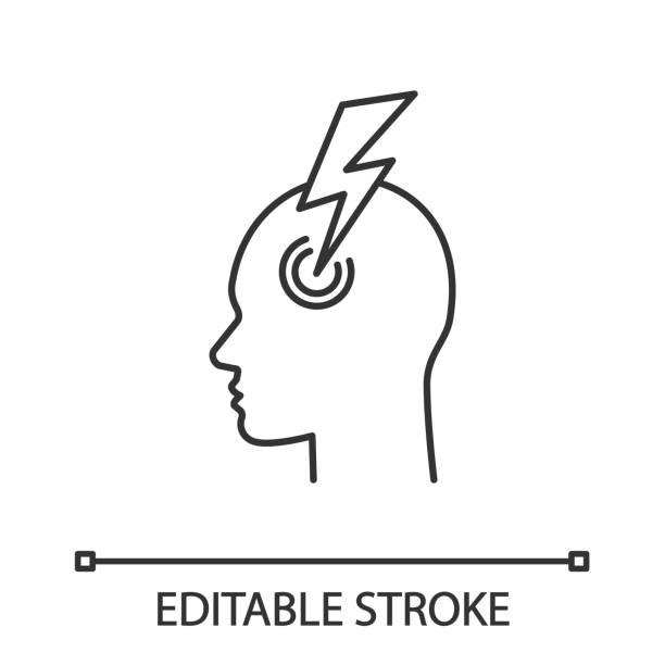 Migraine linear icon Migraine linear icon. Thin line illustration. Human head with lightning bolt. Thunderclap headache. Temple pressure, pain. Flu symptom. Contour symbol. Vector isolated outline drawing. Editable stroke pain drawings stock illustrations