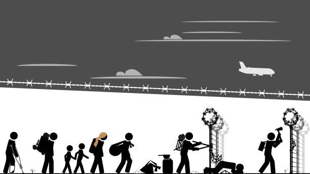 göçmenler sınır çitlerini ihlal ediyorlar. - migrants stock illustrations