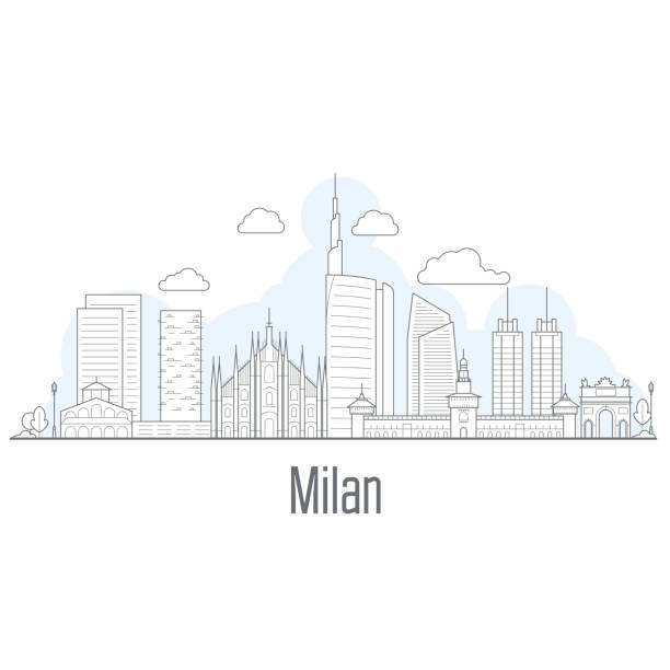 stockillustraties, clipart, cartoons en iconen met de skyline van de stad van milaan - stadsgezicht met bezienswaardigheden in liner stijl - milan