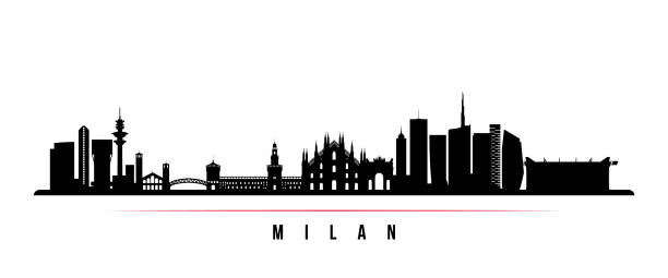milan city silueti yatay afiş. milan city, i̇talya'nın siyah beyaz silueti. tasarımınız için vektör şablonu. - milan stock illustrations