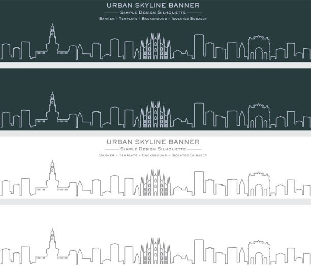 illustrazioni stock, clip art, cartoni animati e icone di tendenza di striscione skyline linea singola milano - milano