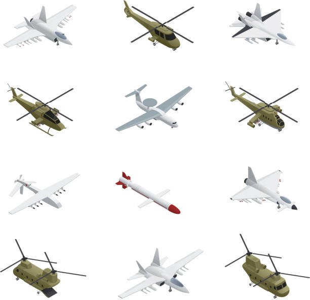 military air force isometric Military air force isometric icon set airplanes and helicopters with different types colors sizes and purposes military airplane stock illustrations