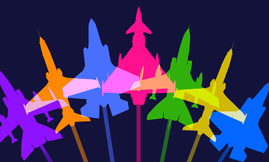 Colourful overlapping silhouettes of Modern Military Airplanes. Airplane, air vehicle, Military Aircraft, Fighter Plane, Tornado,