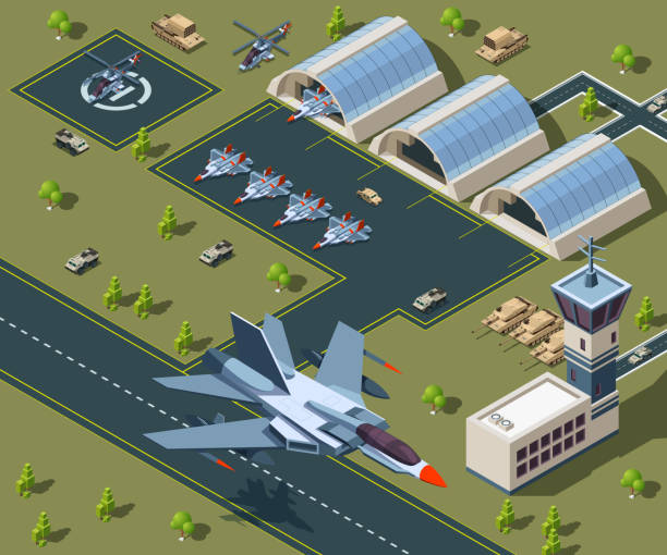 Military airport isometric. Low poly 3d of usa aircraft Military airport isometric. Low poly 3d of usa aircraft. Airplane on airbase, helicopter flight transportation. Vector illustration military base stock illustrations