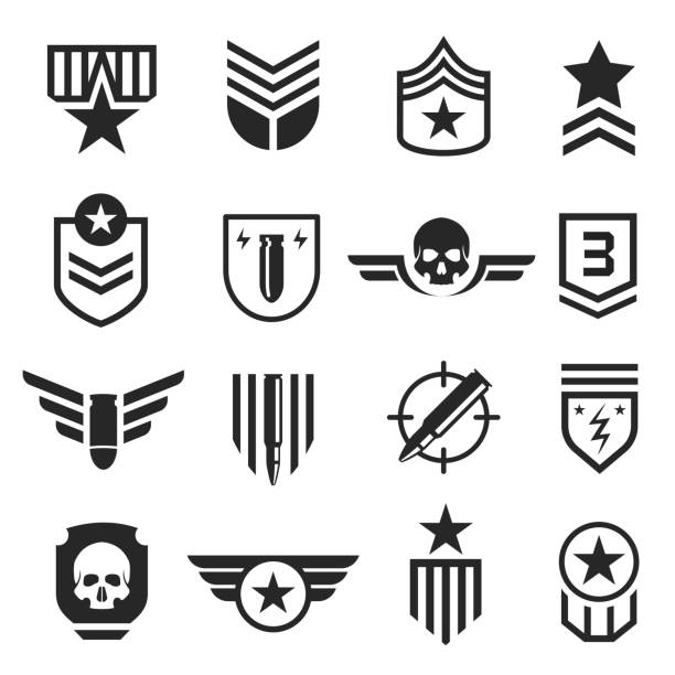 Military and army design element icon set Military and army design element icon set. Soldiers or armed forces decor. Vector line art illustration isolated on white background military clipart stock illustrations