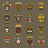 US army chevrons, military emblems, marine and air forces vector badges. Military navy patrol squad, sea and space elite forces, aviation rangers and airborne shooters division badges