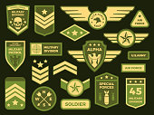Military badges. American army badge patch or airborne squadron chevron. Military air force medals emblem. Insignia vector isolated symbols illustration collection