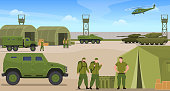istock Military base war transportation and soldiers vector flat illustration warriors in green uniform 1356941140
