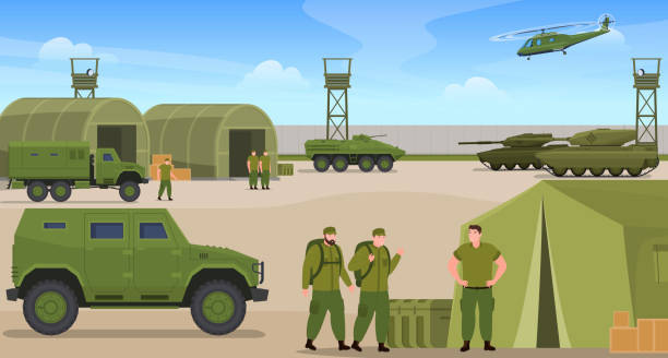 Military base war transportation and soldiers vector flat illustration warriors in green uniform Military base with war transportation and soldiers vector flat cartoon illustration. Professional warriors in green uniform serve at army with weapon, tank, armoring cars, protective heavy equipment military base stock illustrations