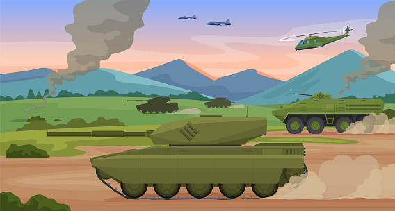 Military battle transport with ground battle machines and air force at nature landscape vector flat