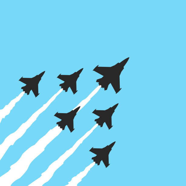 ilustraciones, imágenes clip art, dibujos animados e iconos de stock de aviones de combate militares sobre un fondo azul. bandera de espectáculo de avión vectorial - private plane