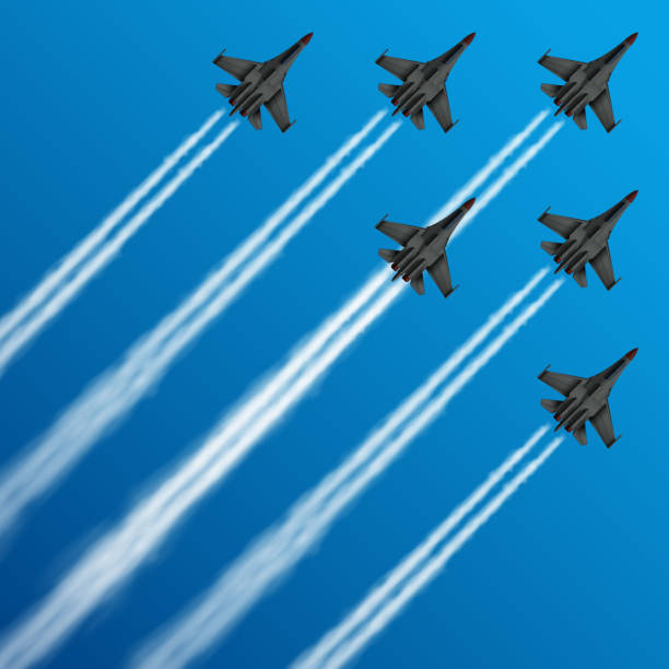 Military fighter jets with condensation trails in sky vector illustration Military fighter jets with condensation trails in sky vector illustration. air, plane, military, show, flight, trail, sky, performance, Airplane army, fighter on airshow airshow stock illustrations