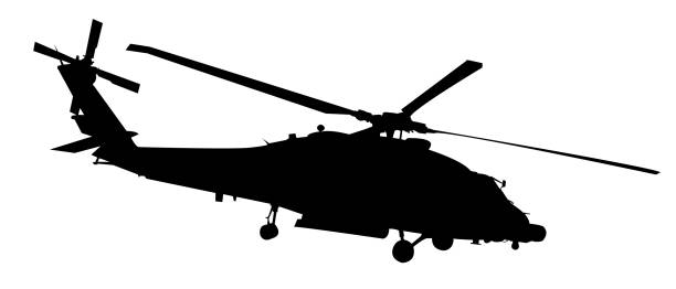 Military Helicopter silhouette black vector silhouette of military black hawk style helicopter isolated on white background. military helicopter stock illustrations