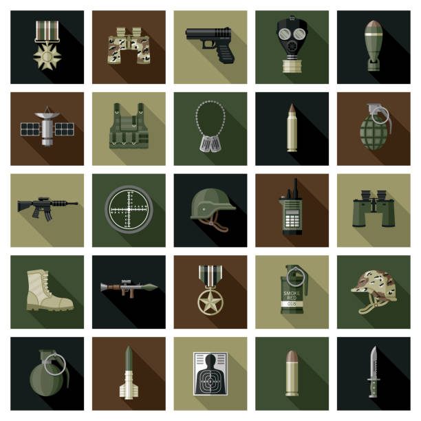 Military Icon Set A set of square flat design icons with a long side shadow. File is built in the CMYK color space for optimal printing. Color swatches are global so it’s easy to edit and change the colors. military clipart stock illustrations