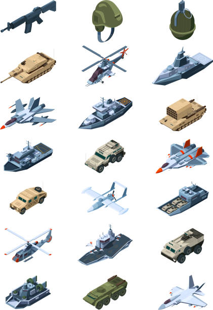 Military isometric. Security guards in uniform soldiers with tanks all-terrain vehicle machine guns grenades shields vector collection Military isometric. Security guards in uniform soldiers with tanks all-terrain vehicle machine guns grenades shields vector collection. Illustration of military war machine, isometric transport military land vehicle stock illustrations