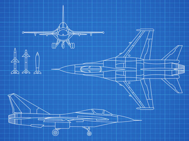 Military jet aircraft drawing vector blueprint design Military jet aircraft drawing vector blueprint design. Aircraft military plan blueprint illustration military drawings stock illustrations