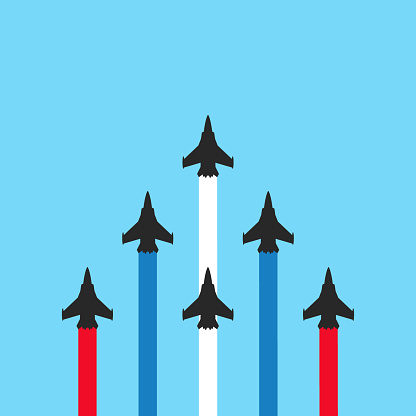 Vector illustration flat design of military jets with colored trails on blue background. Plane show illustration