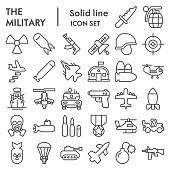 Military line icon set. Army signs collection, sketches, logo illustrations, web symbols, outline style pictograms package isolated on white background. Vector graphics
