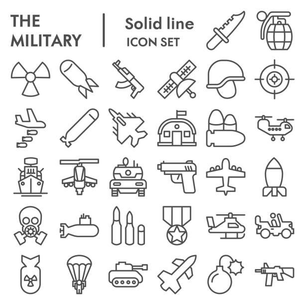 Military line icon set. Army signs collection, sketches, logo illustrations, web symbols, outline style pictograms package isolated on white background. Vector graphics. Military line icon set. Army signs collection, sketches, logo illustrations, web symbols, outline style pictograms package isolated on white background. Vector graphics military symbols stock illustrations