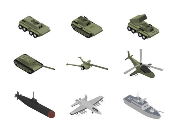 Military machinery isometric illustrations set Military machinery isometric illustrations set. BMP, tank and armored personnel carrier. Air, ground and sea armored vehicles. Helicopter and fighter, jet. Heavy war machines. Battleship and submarine military drawings stock illustrations