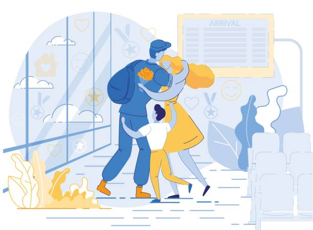 Military man, Serviceman Hugging Wife and Son. Military man, Serviceman or Soldier Dressed in Uniform Hugging Wife and Child at Airport Flat Cartoon Vector Illustration. Happy Family Members. Meeting Father and Husband. Coming Home. veterans returning home stock illustrations