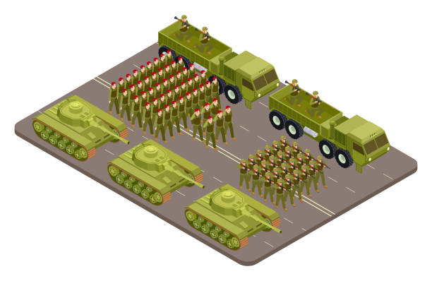 ilustraciones, imágenes clip art, dibujos animados e iconos de stock de vector de desfile militar isométrico con soldados y equipo militar - peloton
