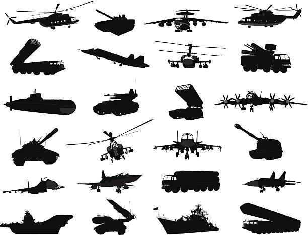 Military set Detailed weapon silhouettes set. Vector destroyer stock illustrations