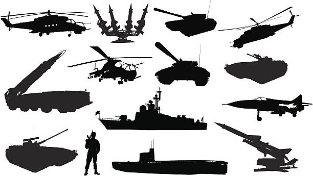 Military silhouettes  set High detailed soviet (russian) military silhouettes torpedo weapon stock illustrations