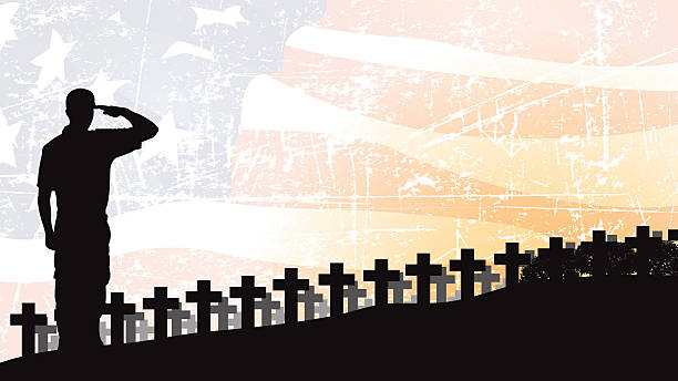 US Military Soldier Cemetery - Holiday Background US Military Soldier Cemetery - Holiday Background. Graphic silhouette background illustration of a Military Soldier saluting. Check out my "World War Two" light box for more. memorial day background stock illustrations