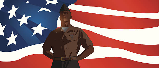 US Military Soldier Standing at Attention with Flag Background Graphic silhouette background illustration of a US Military Soldier Standing at Attention with Flag. Check out my "World War Two" light box for more. memorial day background stock illustrations
