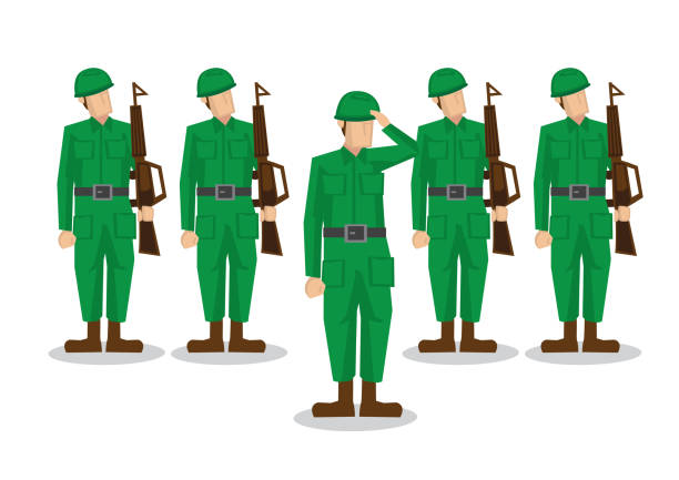 ilustraciones, imágenes clip art, dibujos animados e iconos de stock de soldados militares en uniforme verde con pistola con el oficial del ejército del equipo saludando. ilustración vectorial aislada sobre fondo blanco. - peloton