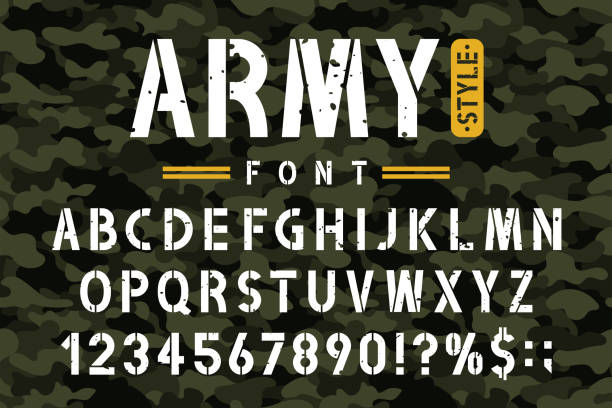 stockillustraties, clipart, cartoons en iconen met militaire stencil lettertype op camouflage achtergrond. ruw en grungy stencil alfabet met getallen in retro leger stijl - army