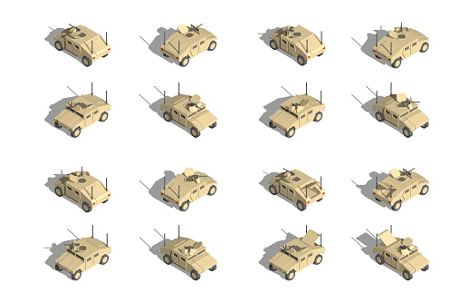 Military Transportation isometric vector. light utility vehicles with machine gun.