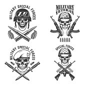 Military veteran. Special forces. Crossed assault rifles with soldier skull in army helmet. Design element for label, sign, emblem. Vector illustration