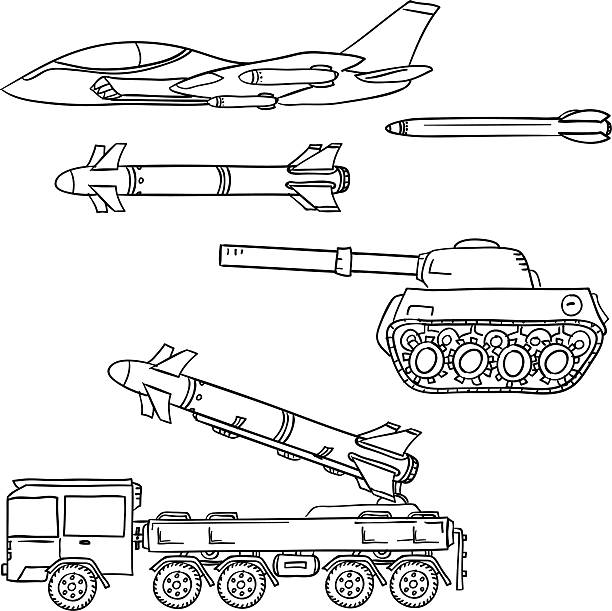 Military Weapon collection in black and white Sketch drawing of different kinds of military weapons in black and white. drawing of fighter planes stock illustrations