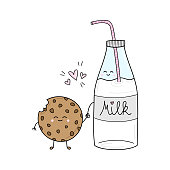 Milk and cookie vector illustration. Cute hand drawn lovely Valentine's Day card. Isolated graphic.