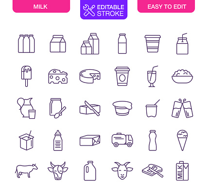 Milk and dairy products Icons Set Editable Stroke. Vector illustration.