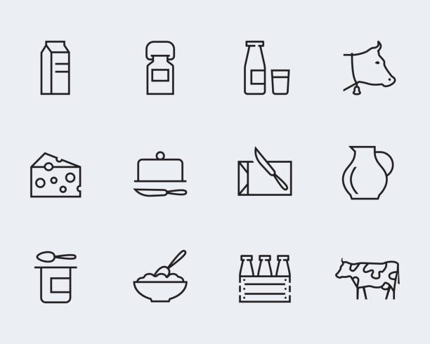 Milk and other dairy products vector icon set in thin line style Milk and other dairy products vector icon set in thin line style cheese icons stock illustrations