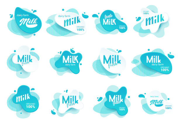 Milk badge and dairy labels with splashes and bolts. Milk badge with drop and splash for labels of package. Liquid amoeba shapes. Milk badge and dairy labels with splashes and bolts. Milk badge with drop and splash for labels of package. Liquid amoeba shapes supermarket borders stock illustrations