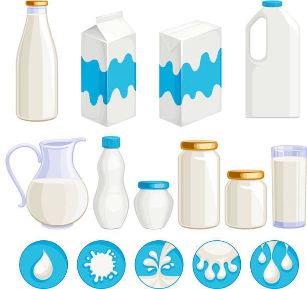 Milk dairy products icons set. Milk dairy products icons set. Yogurt cream kefir milk in assorted containers - jug jar box plastic and glass. Milk drop symbols. Vector illustration. milk stock illustrations