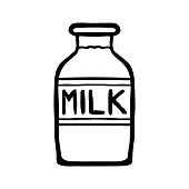 istock Milk icon. Black cartoon silhouette. Ink bottle. Vertical view. Hand drawn vector flat graphic illustration. Isolated object on a white background. Isolate. 1363991286