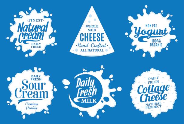 Milk product labels. Milk, yogurt or cream splashes Vector milk product labels. Milk, yogurt, cream, cheese icons and splashes with sample text. Dairy product icons collection for grocery, agriculture store, packaging and advertising cream dairy product stock illustrations