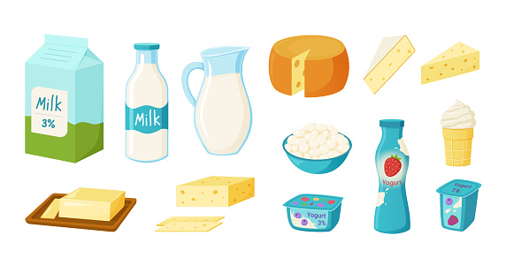 Milk products. Dairy food. Yogurt bottle. Cheese and butter pieces. Healthy milky meal. Yoghurt ice cream and curd. Gallon pack of calcium drink. Diet nutrition. Vector cartoon flat set
