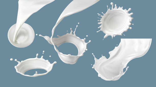 Milk splash or pouring realistic vector Milk splash or pouring realistic vector illustration. Natural dairy products, yogurt or cream in crown splash with drops or various swirls, for packaging design isolated on blue background milk stock illustrations