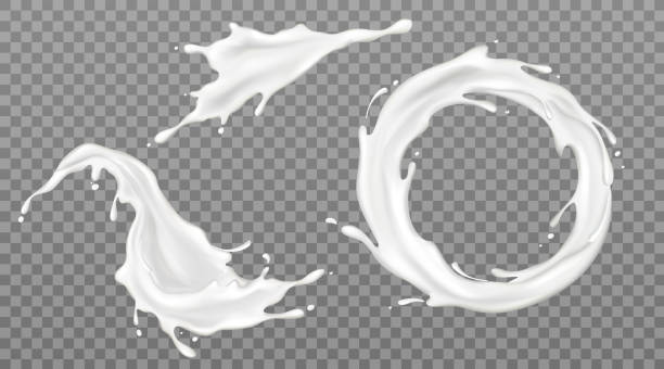 Milk splashes set, yogurt or dairy drink product Milk splashes set, yogurt or dairy drink product pouring and circle shape frame with white spray droplets, liquid dynamic motion isolated on transparent background. Realistic 3d vector Illustration milk stock illustrations