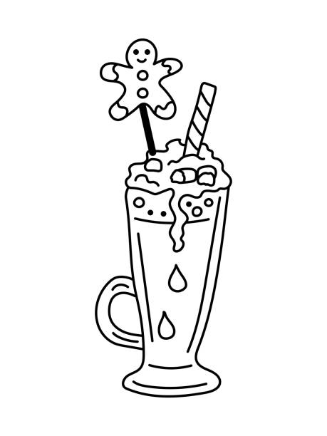 Milkshake, cocoa or coffee with gingerbread man. Line art vector illustration. Milkshake, cocoa or coffee with gingerbread man. Line art vector illustration. gingerbread man coloring page stock illustrations
