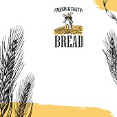 Mill, Wheat field, Ears. Engraving illustration. Vintage vector engraving illustration for label,  corporate identity, badges, presentations, flayer for bakery shop.